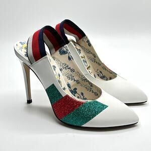 Gucci Sylvie Web Slingback Heels White Leather Glitter EU‎ 36